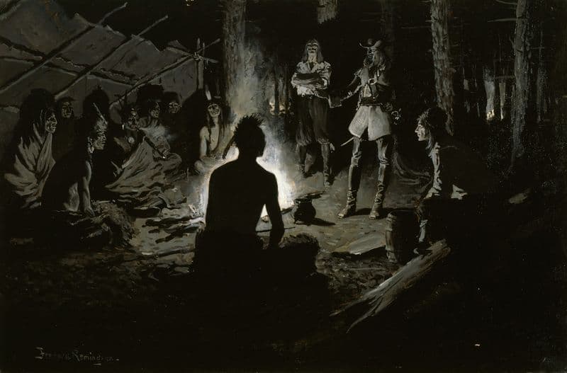 French Explorer’s Council with the Indians as a canvas print