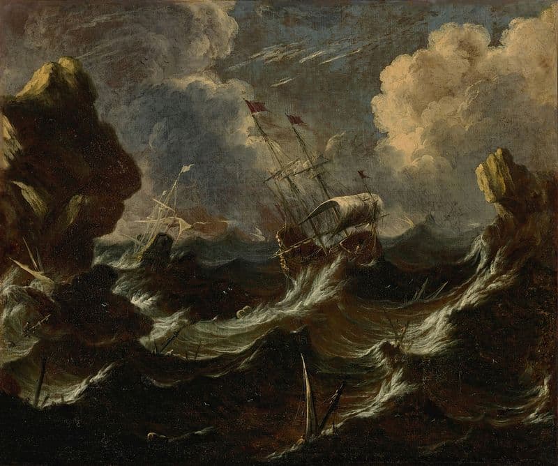 Frigates in a storm off a rocky coast as a canvas print
