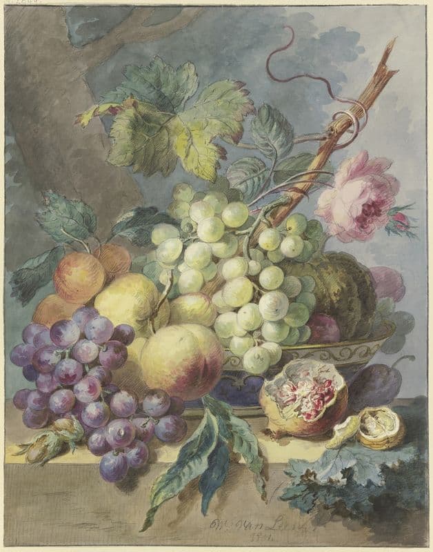 Fruchtstück mit Trauben, Pfirsichen usw., dabei eine Rose as a canvas print