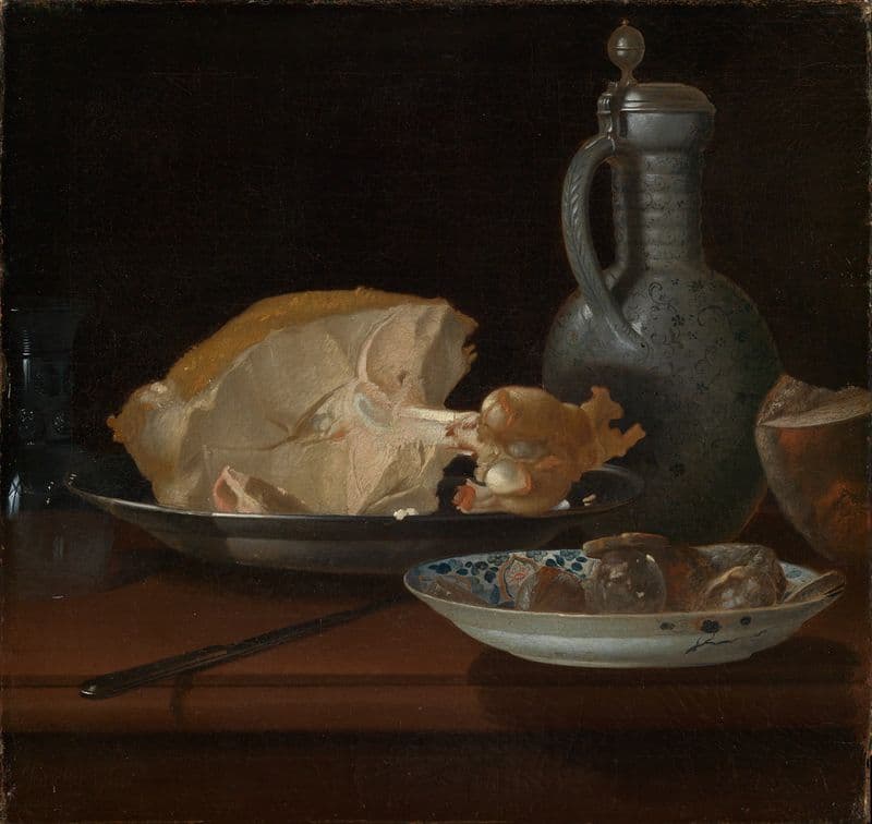 Frühstücksstillleben mit Kalbsbraten und Wurst as a canvas print