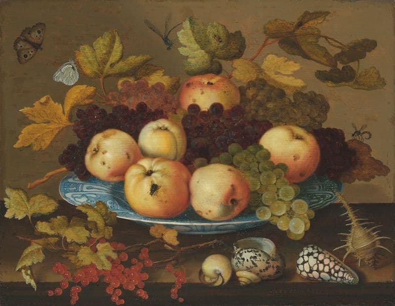 Fruit in a wan-li porcelain dish on a table as a canvas print