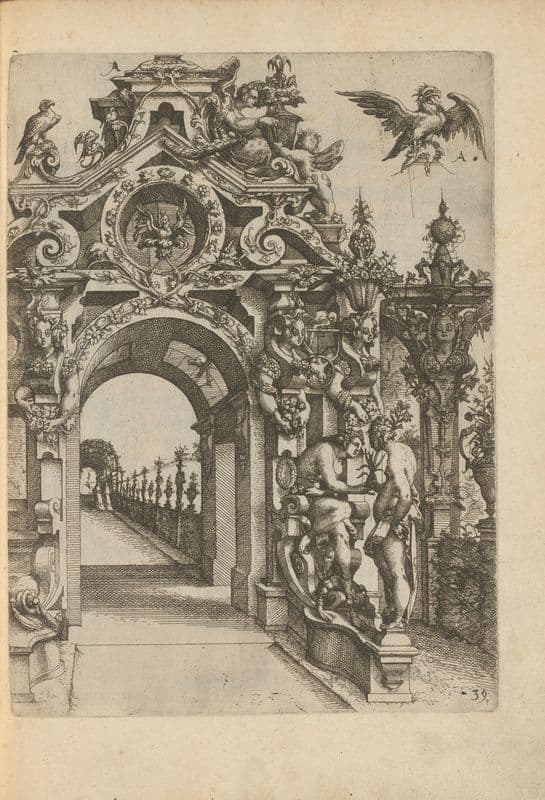 Garden gate decorated with female herms, garlands, statues, and animals (1593-1595) as a canvas print