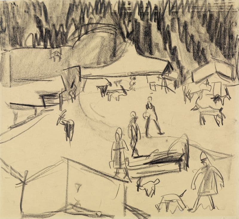 Gebirgsdorf (Staffelalp) mit Hirten und Ziegen (ca 1919) as a canvas print
