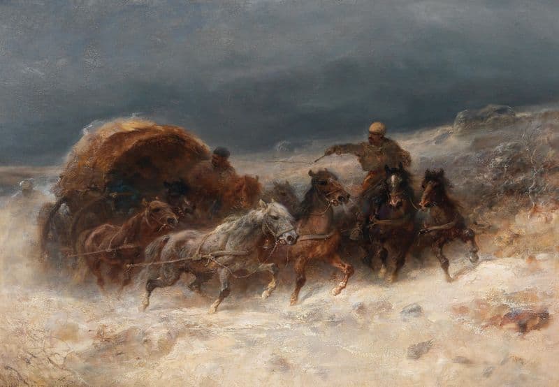 Geldings In A Winter Landscape as a canvas print