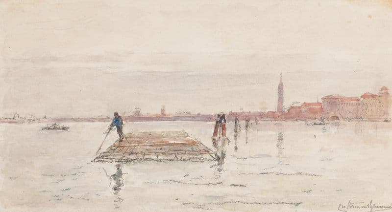 Gezicht op Venetië vanaf het water, met op de voorgrond in het water een houten vlot as a canvas print