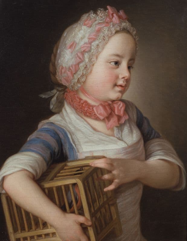 Girl with Bullfinch in a Cage as a canvas print