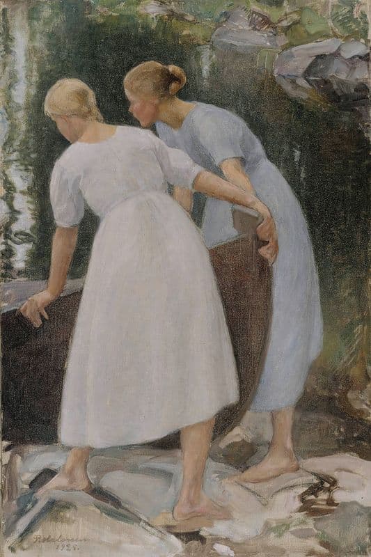 Girls Pushing A Boat as a canvas print