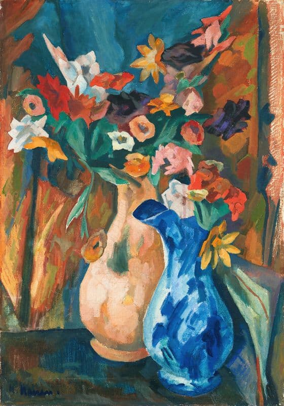 Gladiolen und Dahlien in zwei Vasen as a canvas print