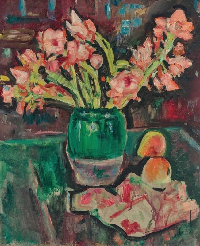 Gladioli in a green vase as a canvas print