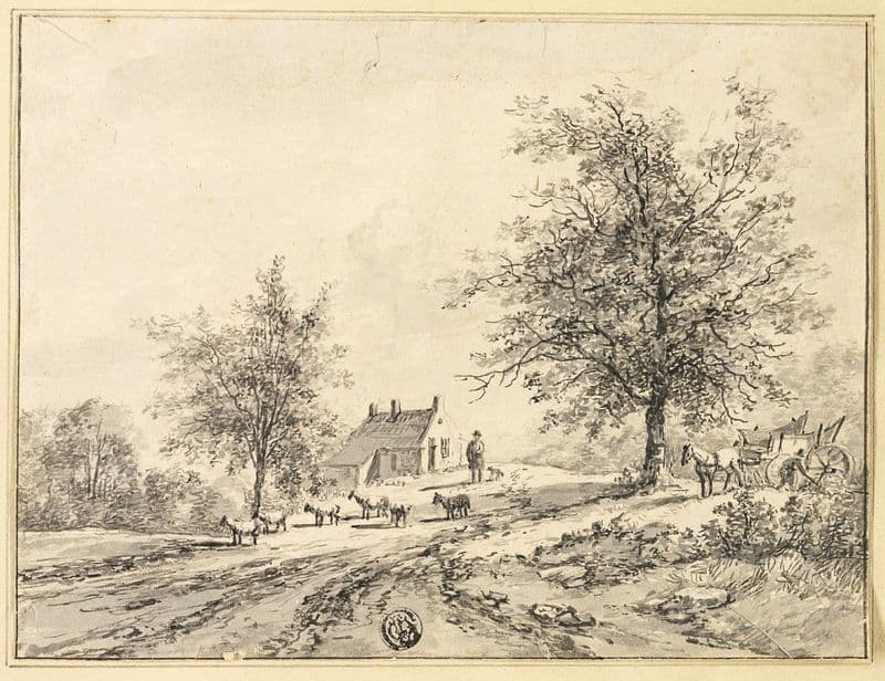 Goatherd, Goats on Road near Carriage and House as a canvas print