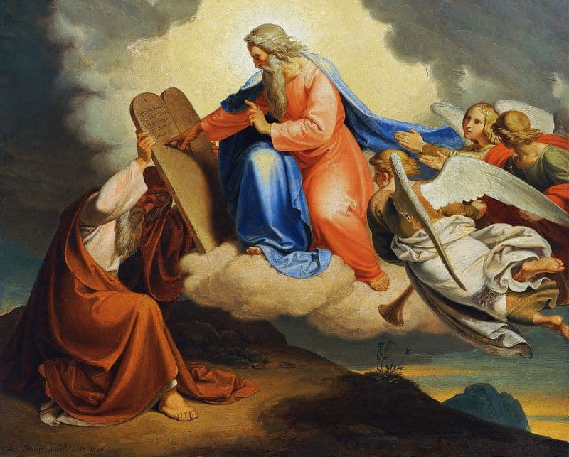 God writes the ten commandments on two stone tablets to Moses on Mount Sinai as a canvas print