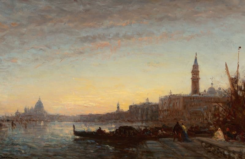 Gondoliers at Esclavons Quay, Venice (circa 1865) as a canvas print