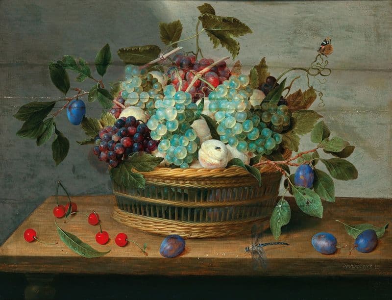 Grapes, peaches, plums and cherries in a wicker basket with dragonfly and butterfly nearby as a canvas print