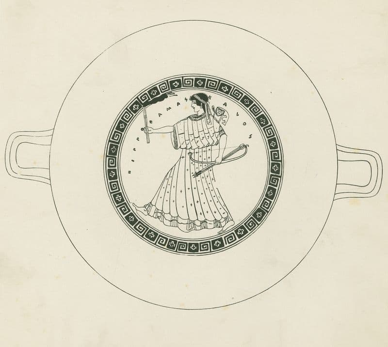 Greek kylix depicting Artemis holding a torch and bow and arrow as a canvas print