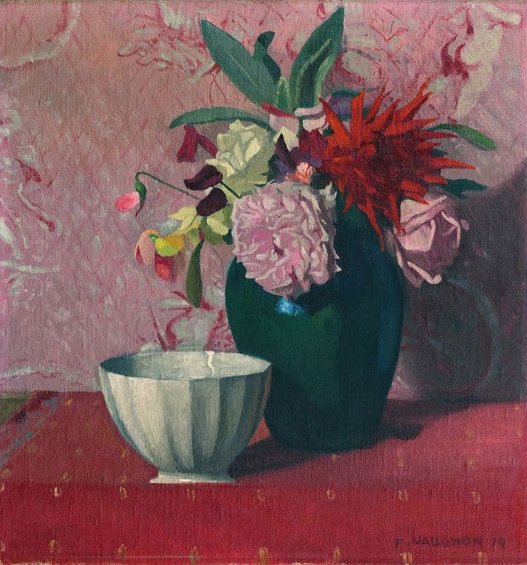 Green Vase And White Bowl as a canvas print