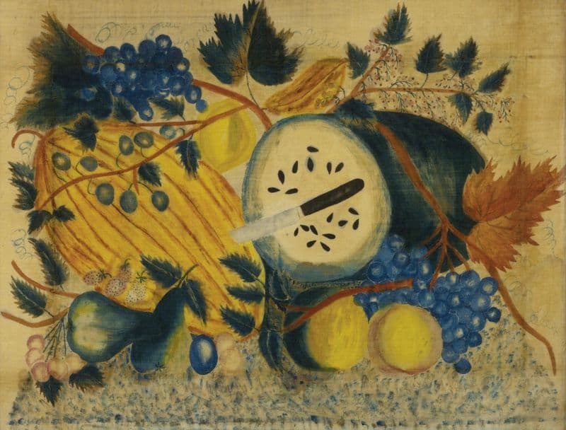 Green Watermelon and Yellow Melon with Fruit and Leafy Vines (19th Century) as a canvas print