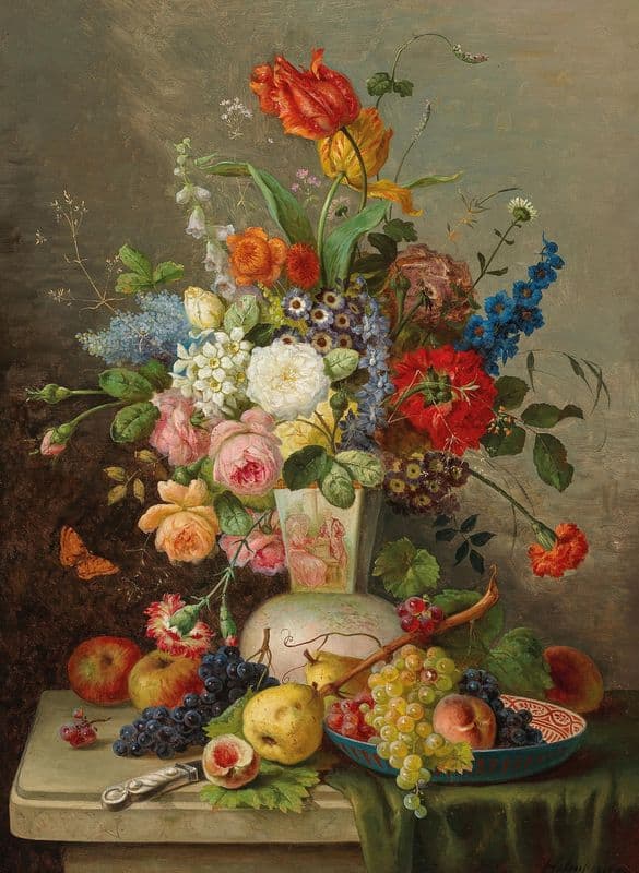 Großes Blumenstück mit Obst auf Steinplatte as a canvas print