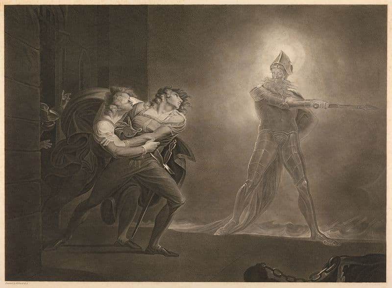 Hamlet, Prince of Denmark; Act I, Scene iv, Platform before the Palace of Elsineur–Hamlet, Horatio, Marcellus and the Ghost as a canvas print