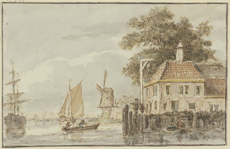 Haus am Wasser und Windmühle, dabei mehrere Schiffe as a canvas print