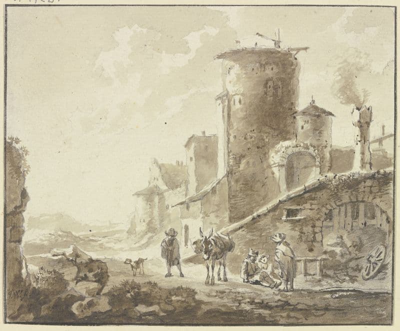 Häusergruppe mit rundem Turm und Torbogen, davor Rastende und ein Maultier as a canvas print