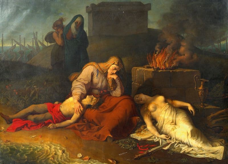 Hecabe with the corpses of her children Polyxena and Polydoros at the tomb of Achilles as a canvas print