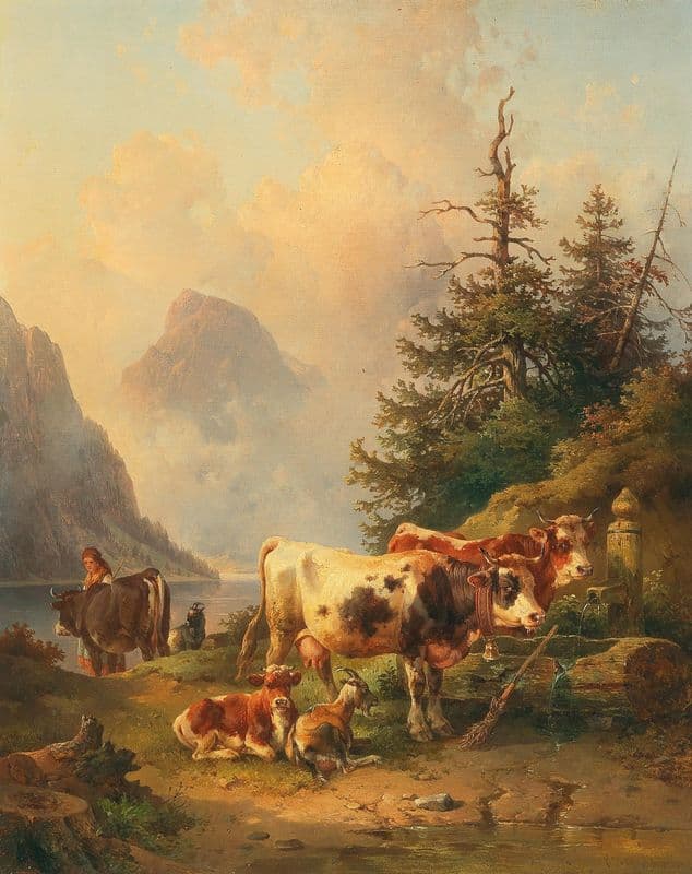 Herd of animals with shepherdess on the lakeside as a canvas print