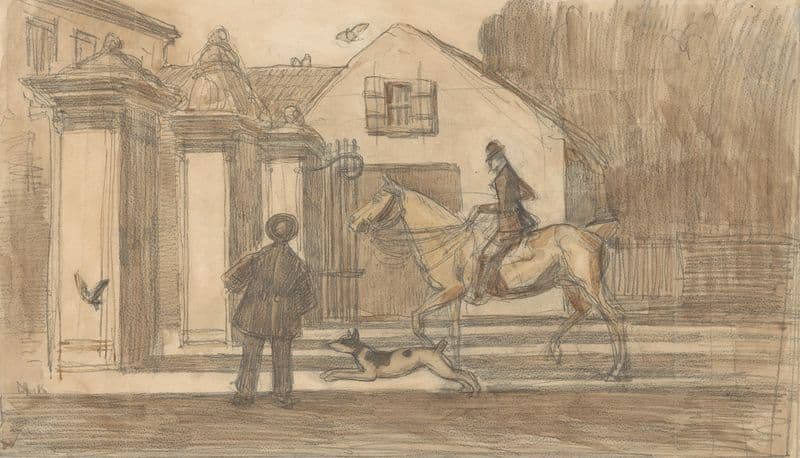 Het hek op de Scheveningse Weg te Den Haag een ruiter met hond passeren as a canvas print