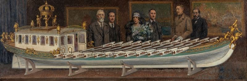 Het model van de staatsiesloep van Napoleon Bonaparte, gebruikt voor zijn bezoek aan Antwerpen in 1810 voorgesteld aan A.M. Koning Albert en H.M. Koningin Elisabeth in 1933 as a canvas print