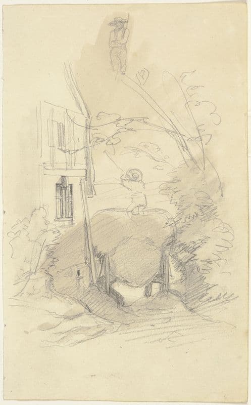 Heuwagen auf einem Hohlweg, an einem Haus vorbeifahrend as a canvas print