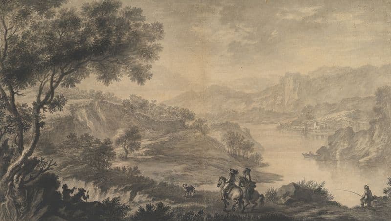 Hilly Landscape with Two Cavaliers and Other Figures in the Foreground (1632–90) as a canvas print