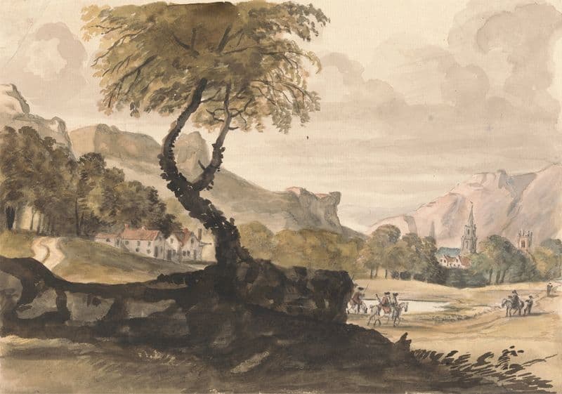 Hilly Scene with Village and Horseman as a canvas print