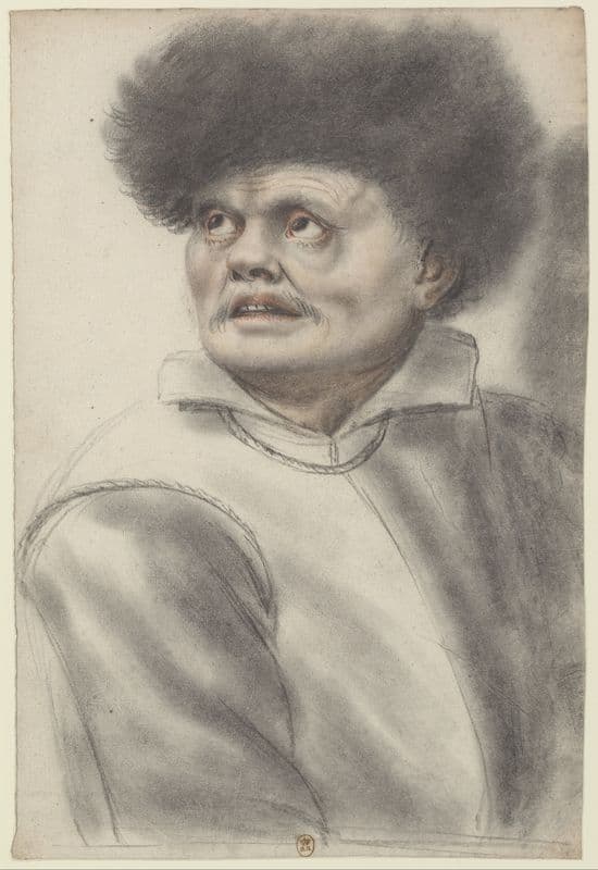 Homme coiffé d’un bonnet de fourrure, les yeux levés vers le ciel, vu de trois quarts à gauche as a canvas print