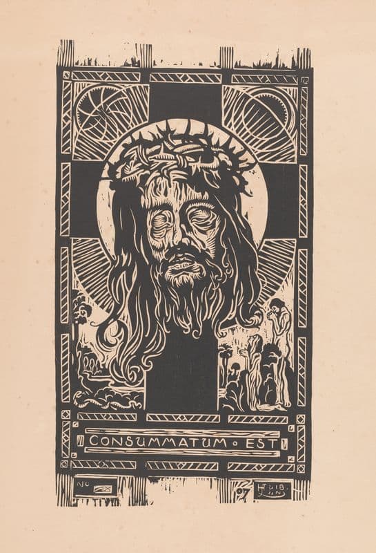 Hoofd van Christus met doornkrans voor een kruis, aanbeden door een man en vrouw as a canvas print