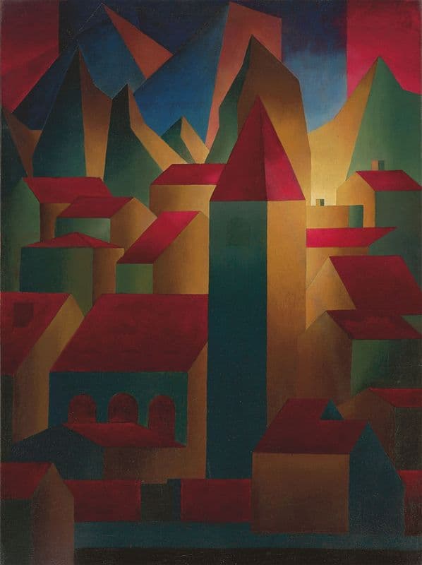 Houses, tower and mountains (1919-20) as a canvas print
