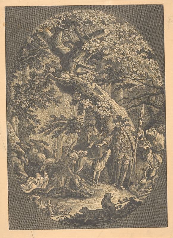 Hunter with his dogs and their prey as a canvas print