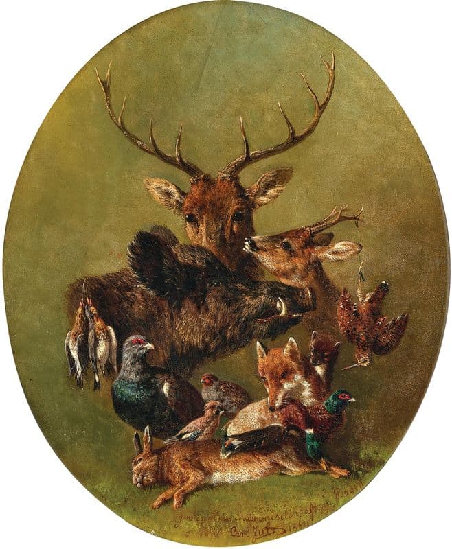 Hunting Still Life with Stag, Wild Boar, Fox, Hare, Sparrowhawk and Pheasant as a canvas print