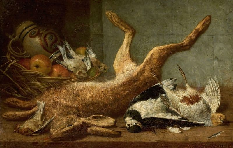 Hunting trophies, dead hare as a canvas print