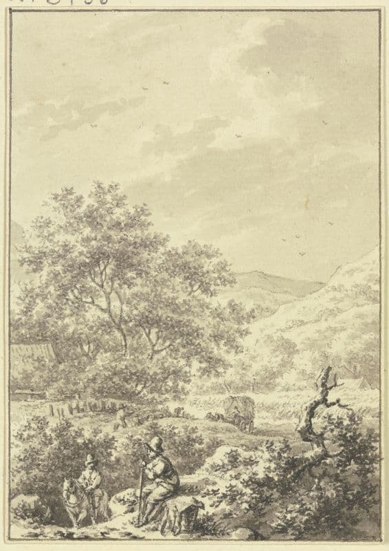 In einem Hohlweg ein Reiter, vorne ein ruhender Wanderer bei einem Tragkorb as a canvas print
