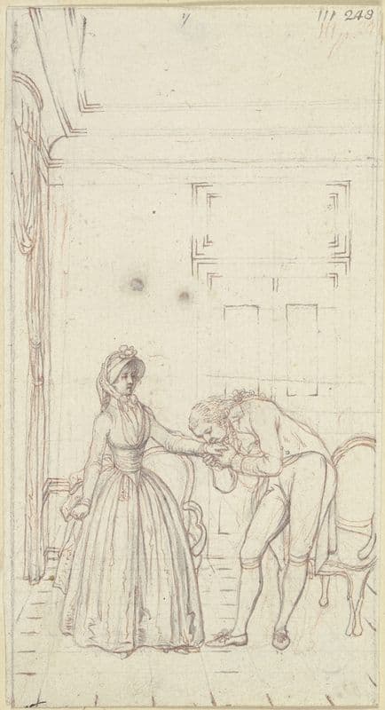 In einem Zimmer steht links Clarissa in Reisekleidung (ca. 1796) as a canvas print