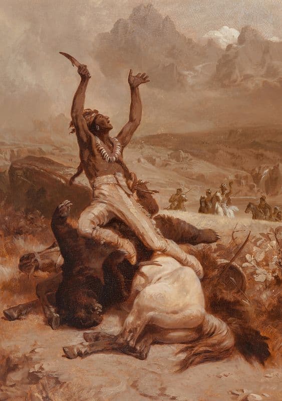 Indian brave rejoicing over slain bear as a canvas print