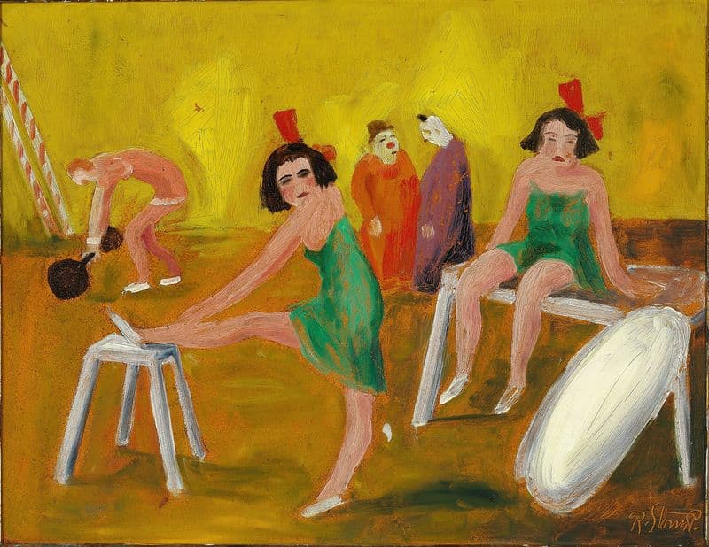 Interiør fra et cirkus med klovne, trapezkunstnere og en stærk mand as a canvas print