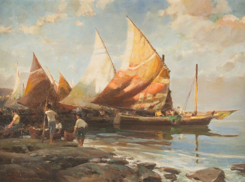 Italian fishermen at the beach as a canvas print