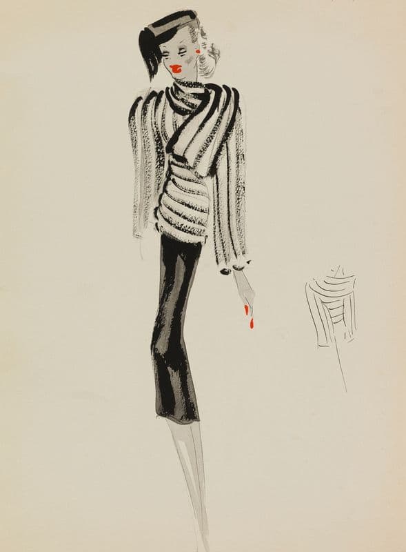 Jacquette courte blanche travaillée en bandes sur robe noire as a canvas print