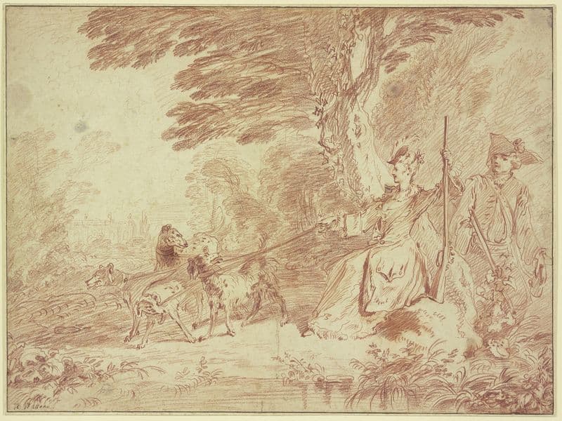 Jagdpartie, Jägerin und Jäger mit vier Hunden in einer Landschaft (ca 1713-1714) as a canvas print