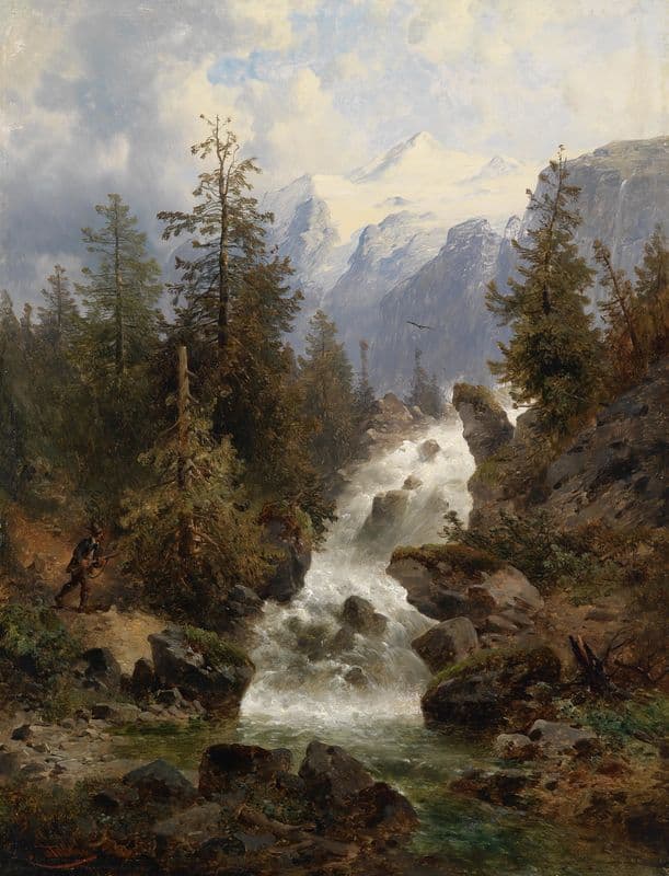 Jäger am Wasserfall as a canvas print