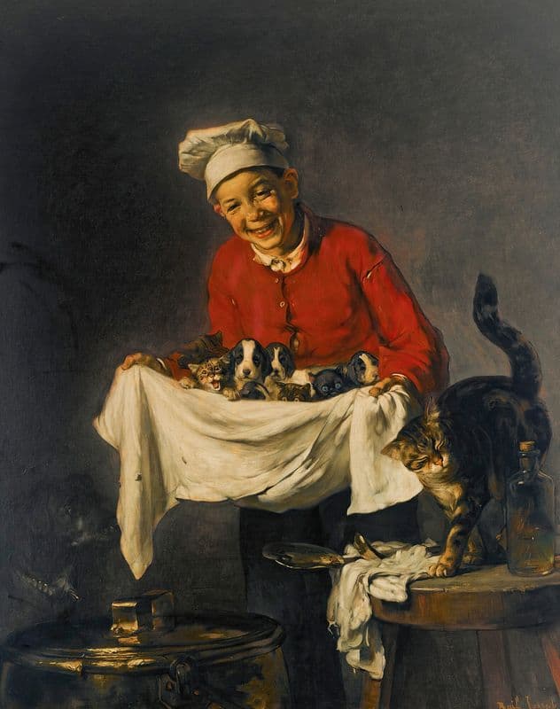 Jeune Commis Avec Chiots Et Chatons as a canvas print