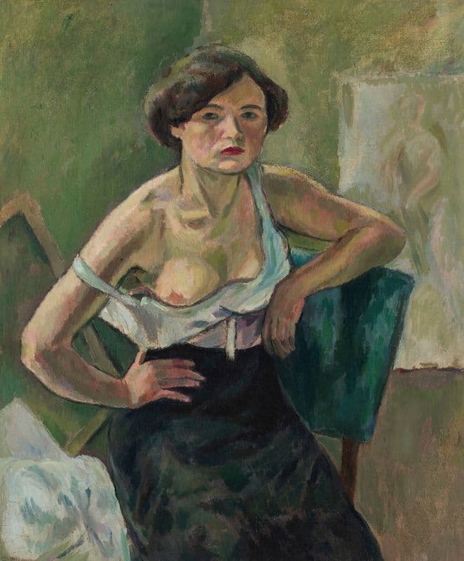 Jeune femme sur chaise verte as a canvas print