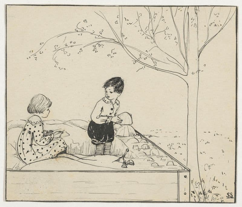 Jongen en meisje spelen in een zandbak (1880-1930) as a canvas print