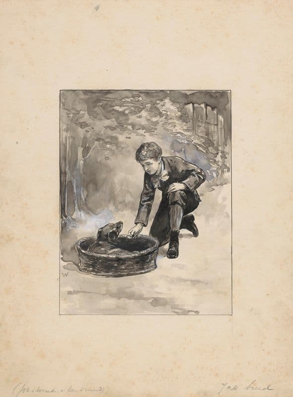 Jongen knielt bij een hond in een mand (1870 - 1937) as a canvas print