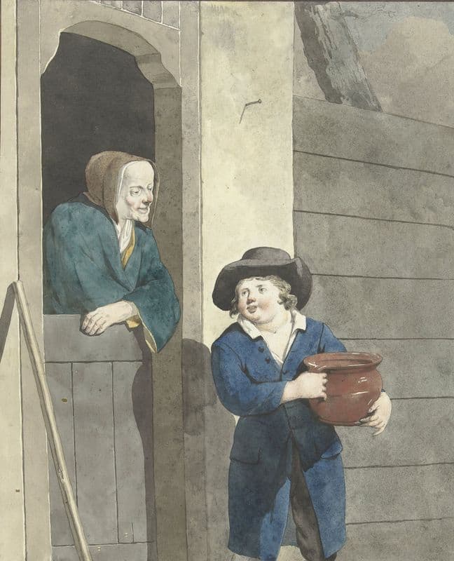 Jongen met een pot bij een vrouw leunend op een onderdeur (1700 - 1800) as a canvas print
